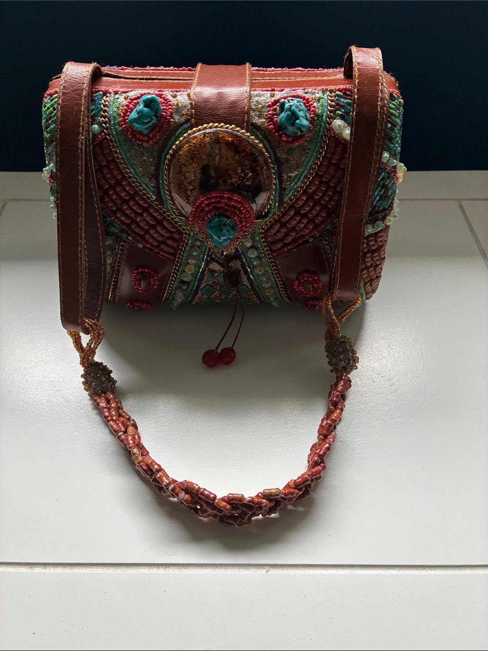 Rare Mary Frances Coral, Turquoise & Brown Beaded Embellished clutch purse - Picture 2 of 9
